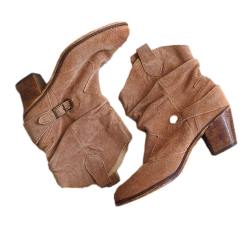 Decree Light Brown Suede Leather Ankle Western Heel Ankle Booties Shoes Size 10 - Picture 1 of 8